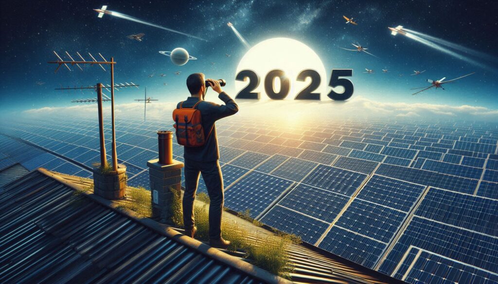 PV-Anlage Mehrwertsteuer 2025 Titel, Mann schaut durch Fernglas auf 2025 und eine PV Anlage